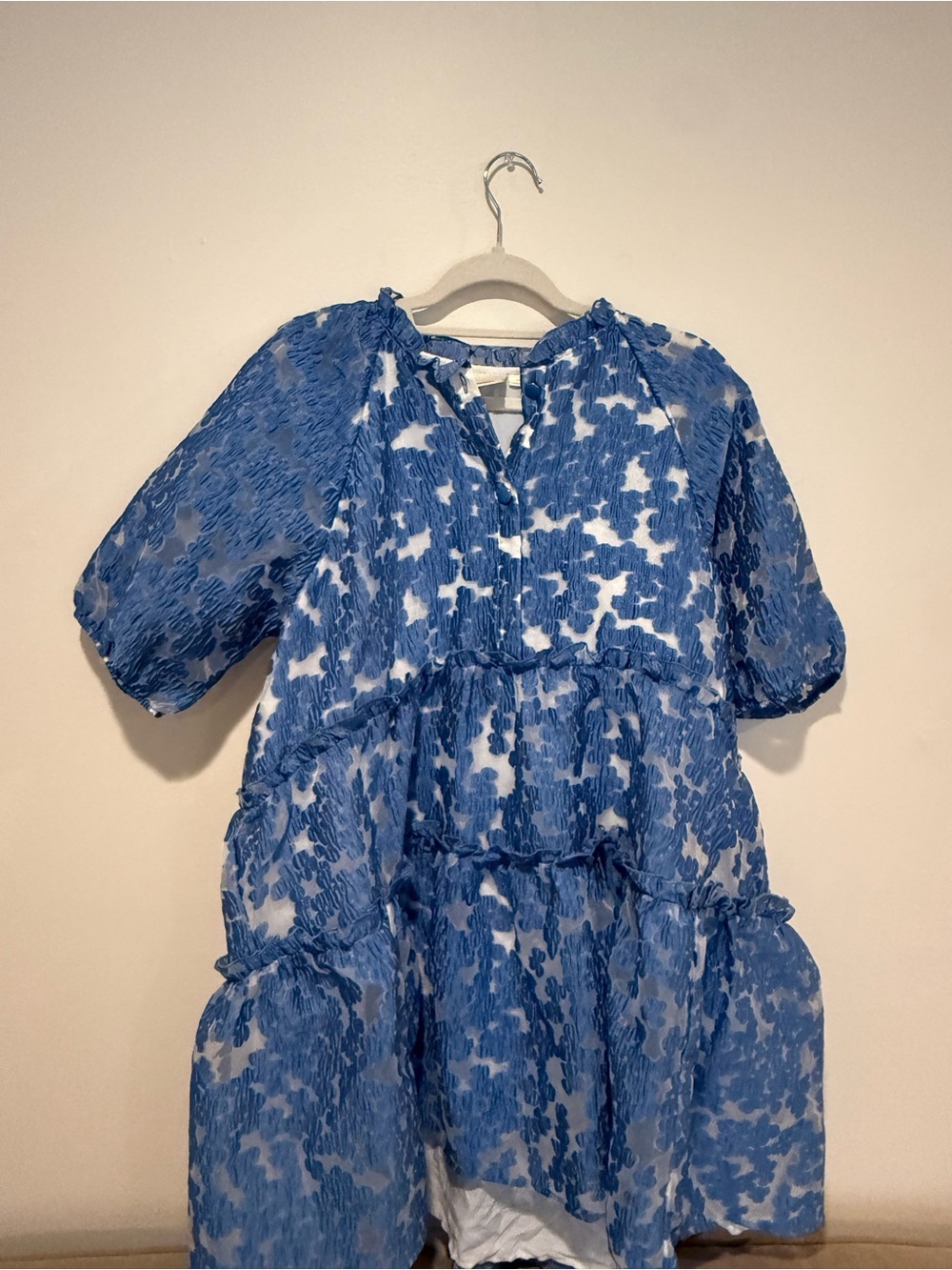 Maeve XL Petite Blue and White Tiered Puff-Sleeve Dress